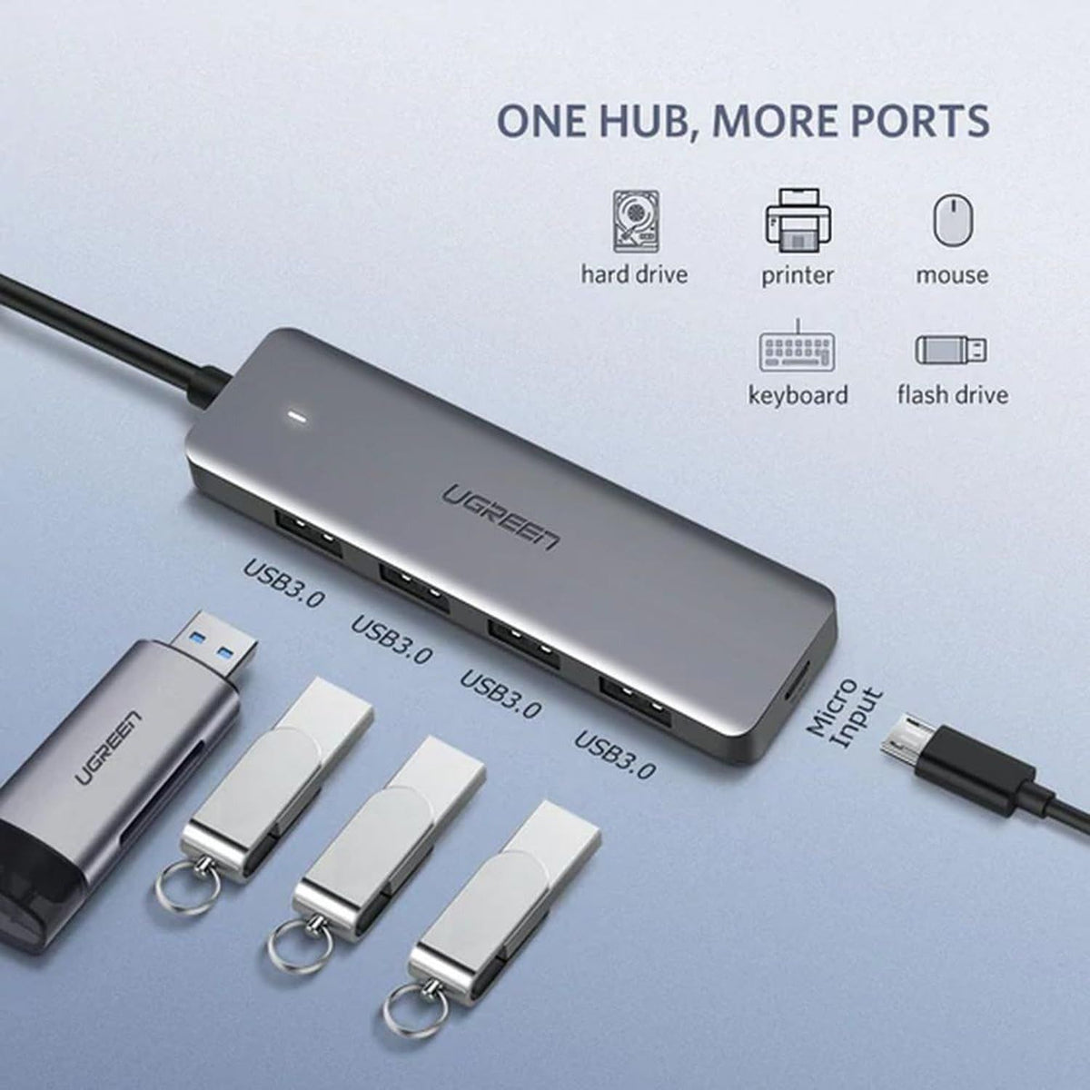 UGREEN 4-Port USB 3.0 Hub + Powered by Micro USB, Metal Plated Shell, Ultra Slim CM219 (50985)