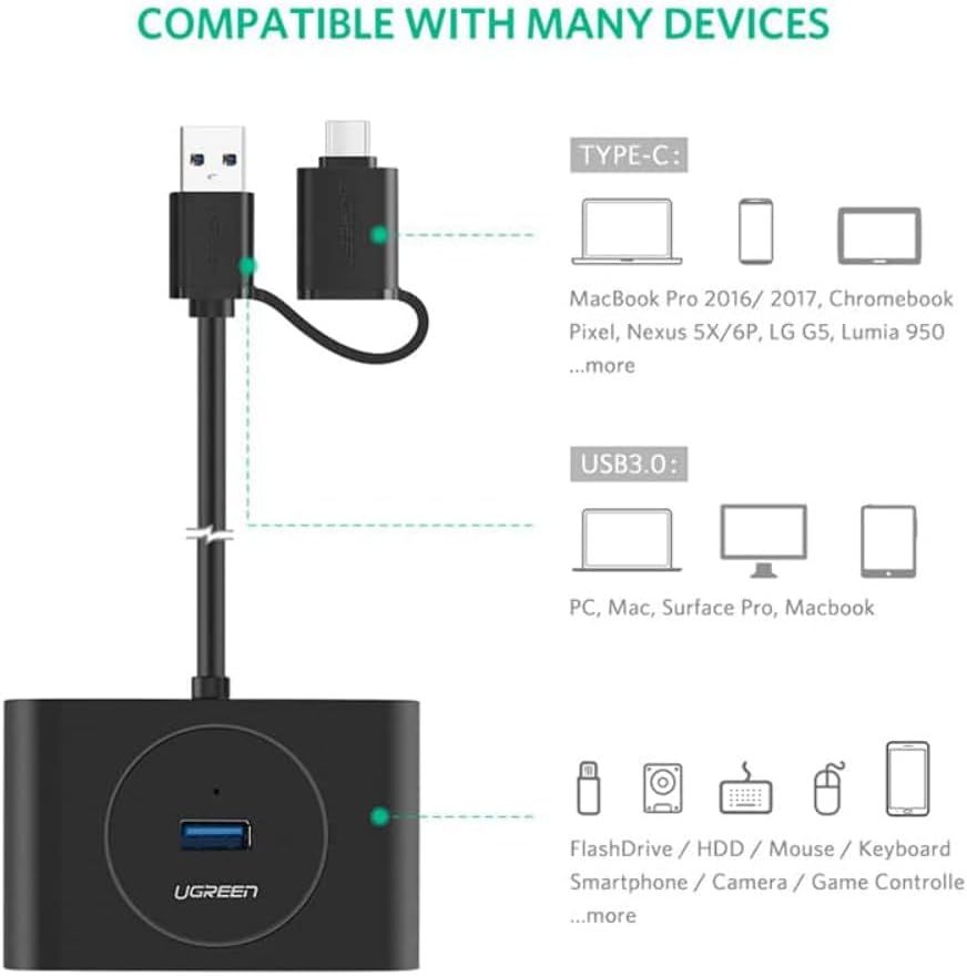 UGREEN USB 3.0 Hub with USB-C Port 1m (Black) CR113 (40850)
