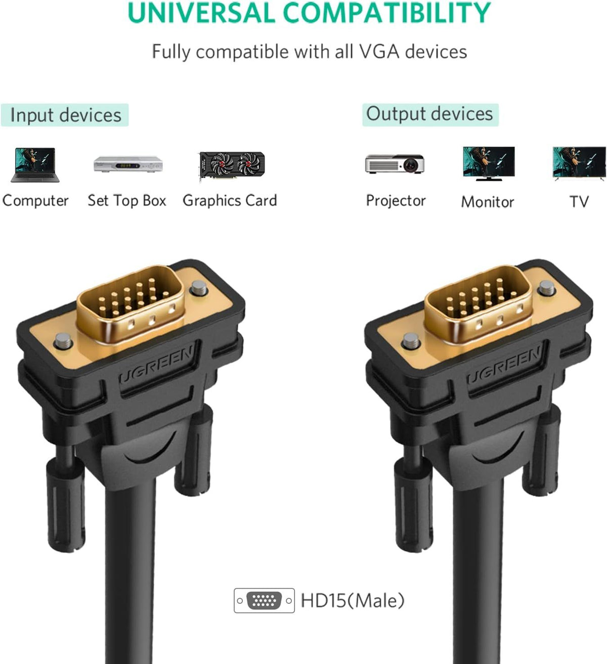 UGREEN VGA Male to Male Cable 2m (Black) (11646)
