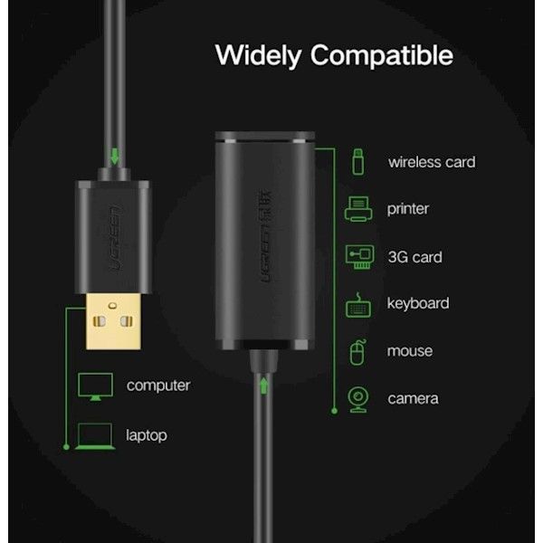 Ugreen USB 2.0 Active Extension Cable with Chipset 15m  Black-10323