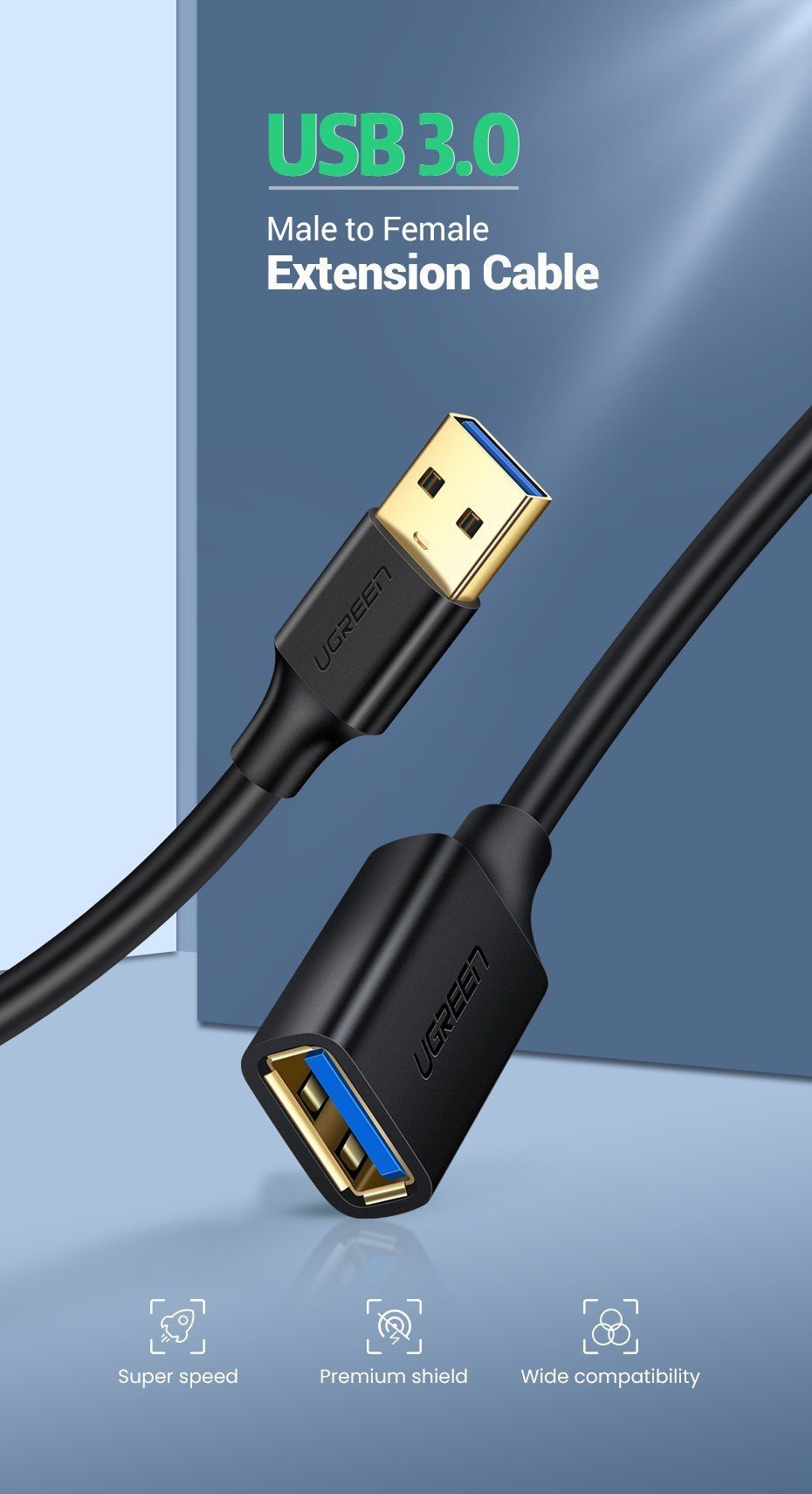 Ugreen USB 3.0 Extension Male Cable 1m-Black-10368