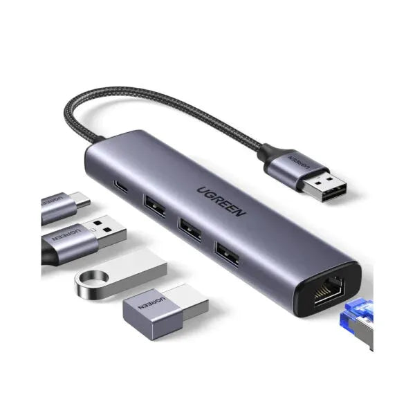 ACC-Ugreen-USB 3.0 to 3xUSB 3.0 Ethernet Adapter-Type C PWR Supply-60554