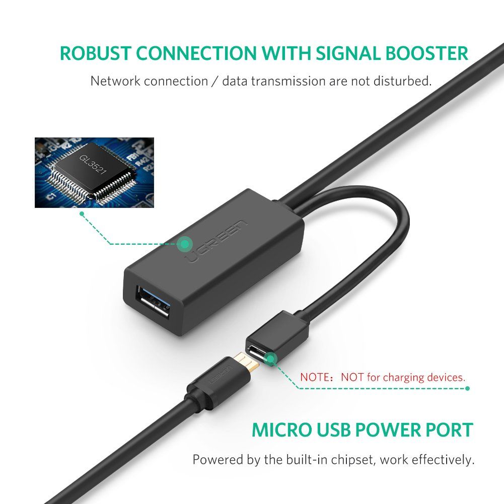Ugreen-2 in 1 USB 3.0-A Male to Female Micro USB Ext-5m-Black-20826